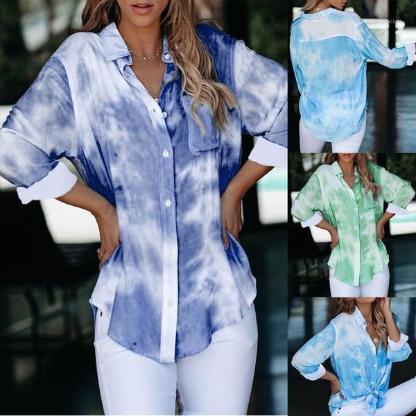 

women long sleeves turndown collar shirts printed tie-dye button-down shirt 28gb1, White