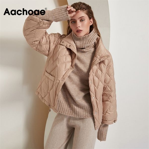 

aachoae casual solid women 90% white duck down jacket batwing sleeve loose pocket coat stand collar warm outwear ropa mujer 200923, Black