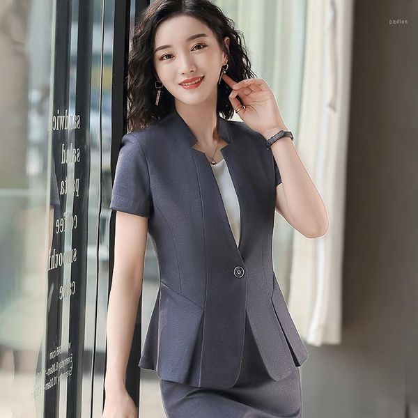

summer fashion ladies grey blazer women jackets short sleeve office female clothes styles1, White;black