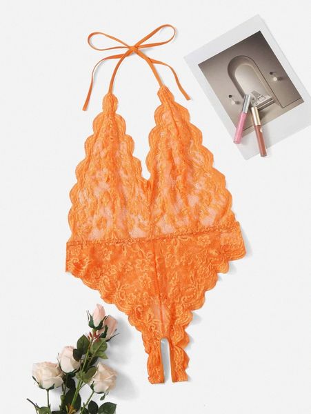 

plus floral lace scallop trim crotchless teddy bodysuit k5o1#, Black;white