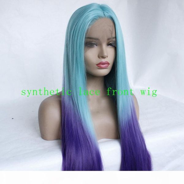 

fashion girl party wig ombre blue purple lace front wig long silky straight baby hair synthetic lace, Black