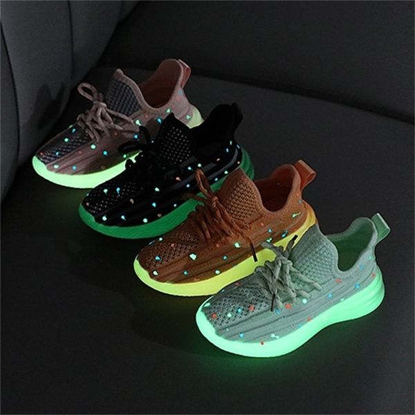 

children 2020 autumn new boys girls sports luminous star breathable knitting mesh kids sneakers baby toddler shoes, Black;red