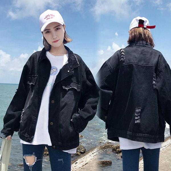

spring autumn womens jeans denim coat women's casual loose denim jackets female hole black jacket coat women's basic1, Black;brown