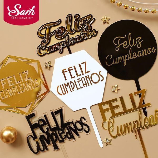 

feliz cumpleaÃ±os. espaÃ± acrylic gold silver black happy birthday cake er in spanish for party decoration baking supplies1