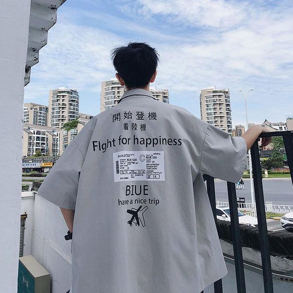 

summer short sleeve shirt men funny letter printed casual shirts japan style flight for happiness loose mens streetwear shirt1, White;black