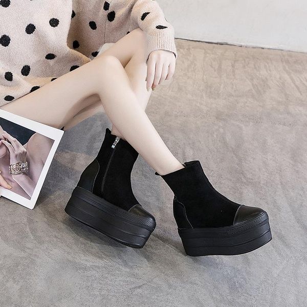 

genuine leather platform shoes side zipper high-shoes women's inner heightening casual plus velvet warm boots women fd-115, Black