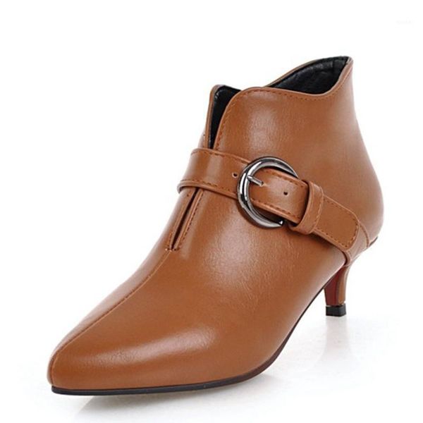 

boots kalenmos plus size 34-46 women thin heel leather zip ankle boot office lady buckle black pionted toe booties autumn winter shoes1