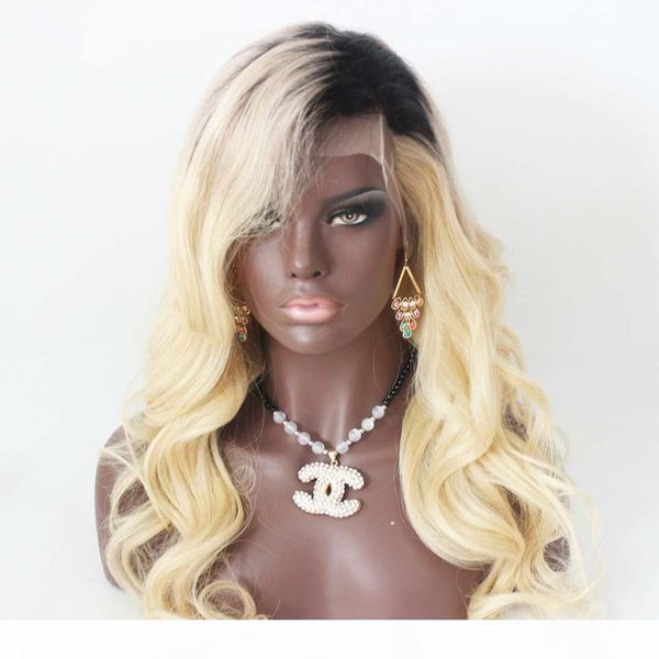 

#1bt613 two tone lace wig european hair 100% human hair dark root full lace wig&blonde lace front wig, Black;brown