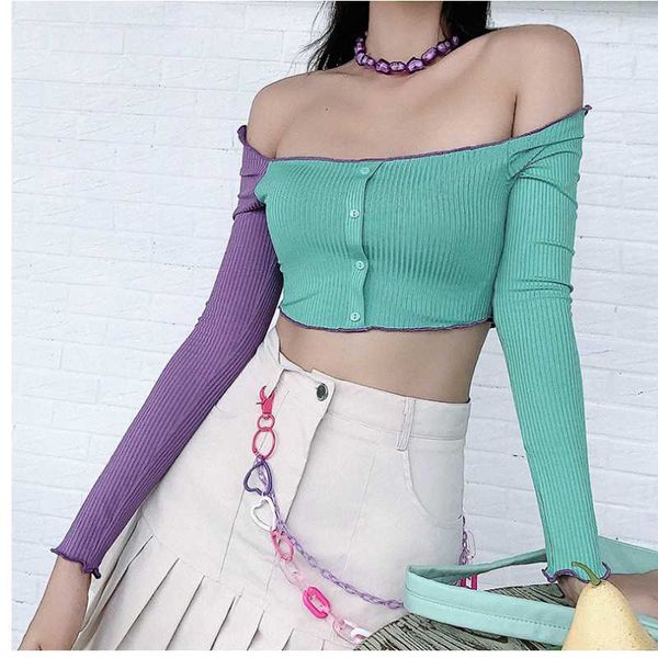 

yoga outfits women's color contrast one neck slim cardigan open navel fitness outdoor leisure matching running t-shirt, White;red