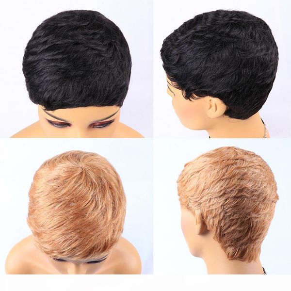 

short pixie cut wig remy full machine wig brazilian human hair wigs for woman short finger wave wig full human hair nature wigs, Black;brown