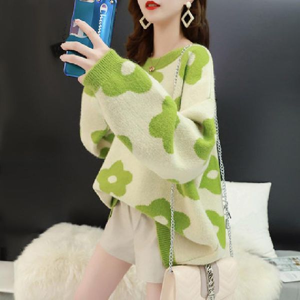 

women's sweaters autumn winter lazy style loose sweater women batwing sleeve flower jacquard knitted pullover kawaii jumpers ladies, White;black