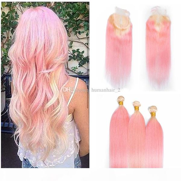 

blonde lace closure with pink hair bundles malaysian pink virgin hair body wave weaves with ombre lace closure dark root hair bundles, Black;brown