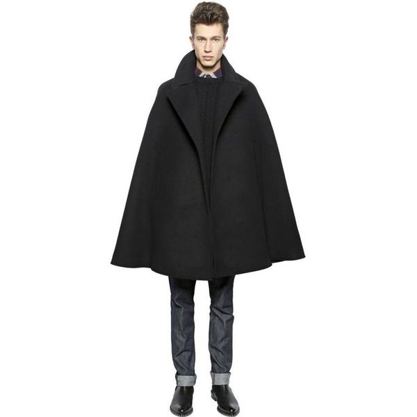 

club hip-hop high street style wizard cape personality shawl trendy men fall and winter style thickened wool coat tweed, Black