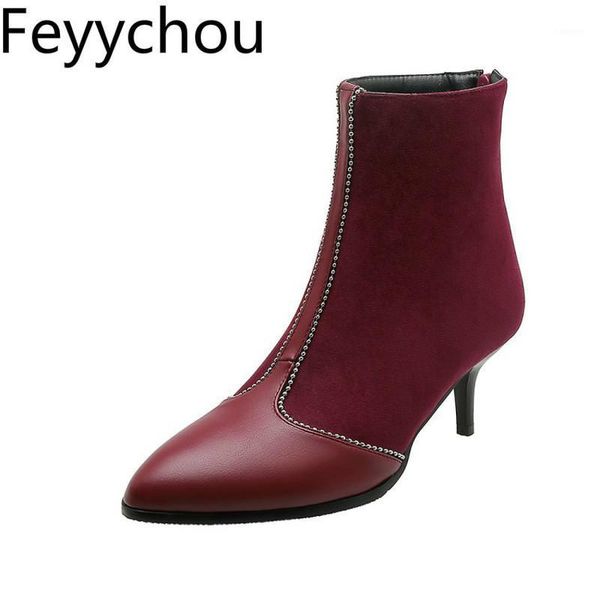 

women's boots autumn winter high heel warm flock pu zip pointed toe ankle patchwork 2020 new fashion black big size 34-481