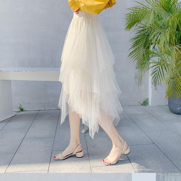 

skirts 2021 autumn and winter women boho long skirt high waist ruffles beach pink jupe femme tulle saia midi faldas, Black