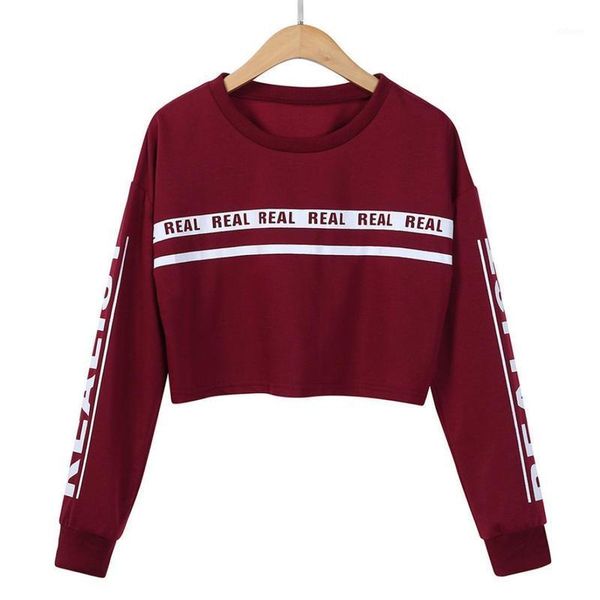 

women's female ladies solid color long-sleeved round neck letters-printing shirt casual short pullover1, White;black