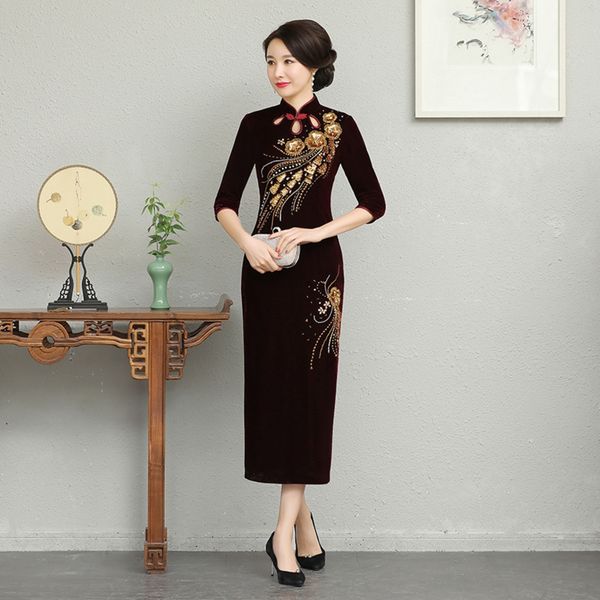 

velvet autumn new improved nail dress cheongsam beads long 7 3 sleeve mother's cheongsam dress x5gyi, Black;gray