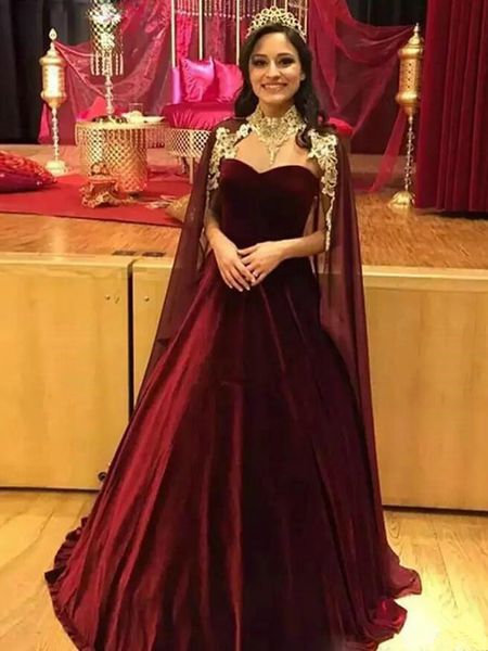 

saudi arabic burgundy a line evening dresses with cape velvet formal evening gown skirt dubai prom gown long dresses, Black;red