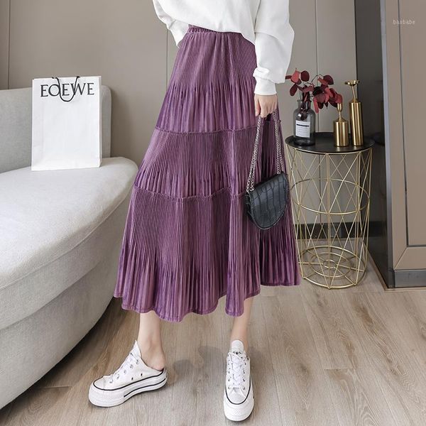 

women elastic waist velvet soft long midi pleated skirt autumn and winter new slim skirts faldas saias1, Black