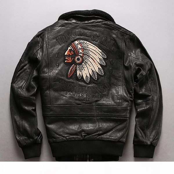 

avirex flight jacket men's fur collar real leather jacket with chief embroidery stylish winter bomber lether coat men, Black