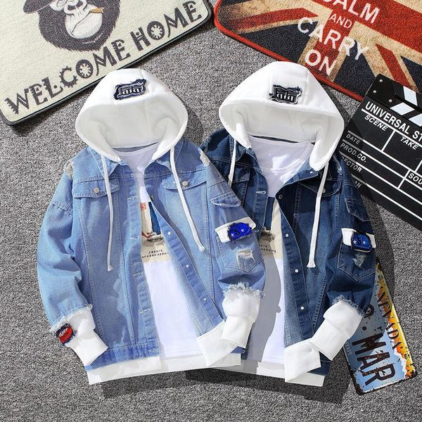 

casual jean jacket men denim jackets long sleeve with nood patchwork cotton japanese streetwear bomber jacket men, Black;brown