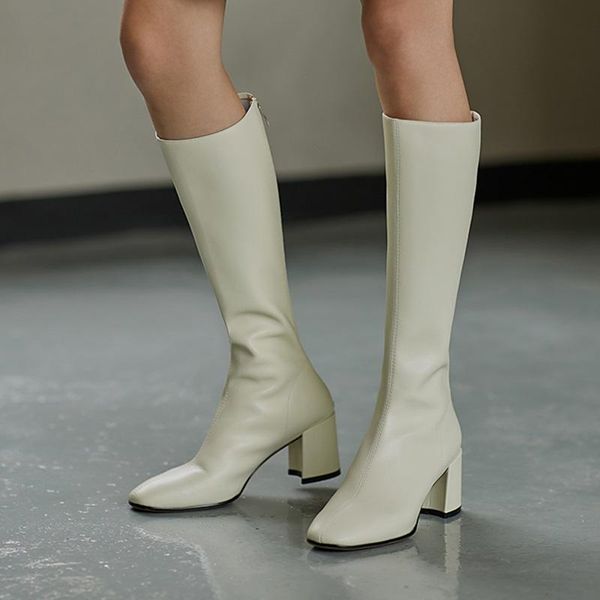 

boots black brown beige full cow leather chunky heel knee high women elegant thick long gladiator dress shoes woman