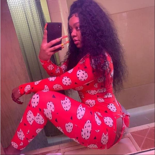 

womens long sleeved homewear open crotch one piece pajamas v neck cartoon printed jumpsuit for fall and winter drop shipping, Black;white