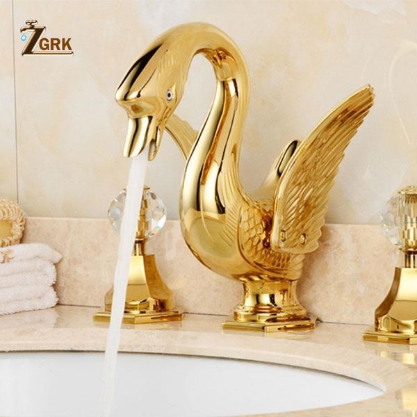 

zgrk soild copper gold finish bathroom brass ceramic faucet golden swan shape basin tap dual handle deck mount1