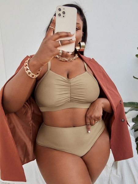 

sxy plus solid ruched bikini swimsuit t6qr#, Black