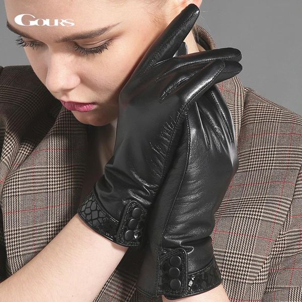

gours winter real кожаные перчатки женщины черный подлинная сафьян палец перчатки мода кнопка driving варежки теплый новый gsl033, Blue;gray
