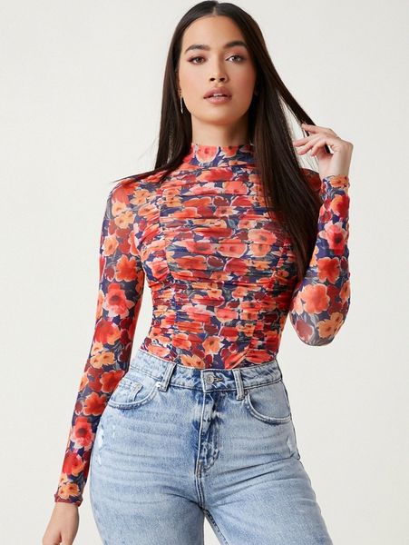 

mock-neck ruched floral mesh u0xd#, White