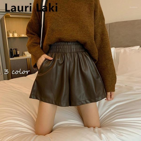 

pu leather short women winter high waist short vintage loose casual feminino plus size black brown1, White;black