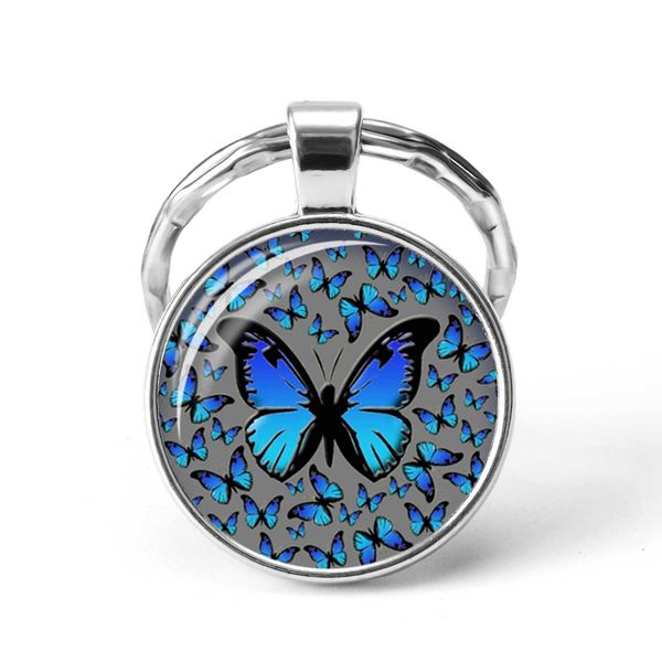 

new fashion blue butterfly keychain art picture glass cabochon insect animal key ring bag charms for women nature jewelry, Slivery;golden