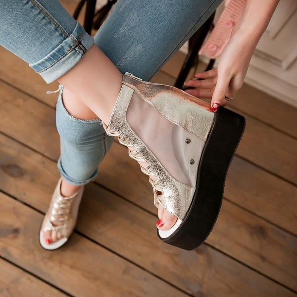 

summer ankle boots creepers lady mesh cross tied peep toe womens party shoes gold silver platform wedges heel sandals, Black
