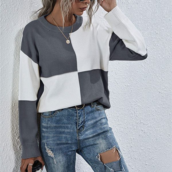 

women warm sweater winter and autumn colorblock o neck long sleeve knitted women sweater jumper patchwork women sweater d30, White;black