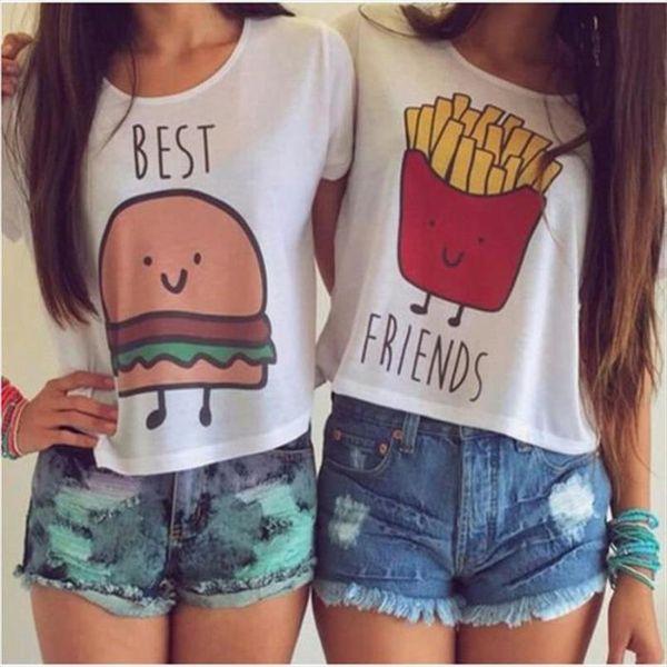 

women t shirt summer funny friends t shirt and coffee duo flowy print tees burger fries banvtx16, White