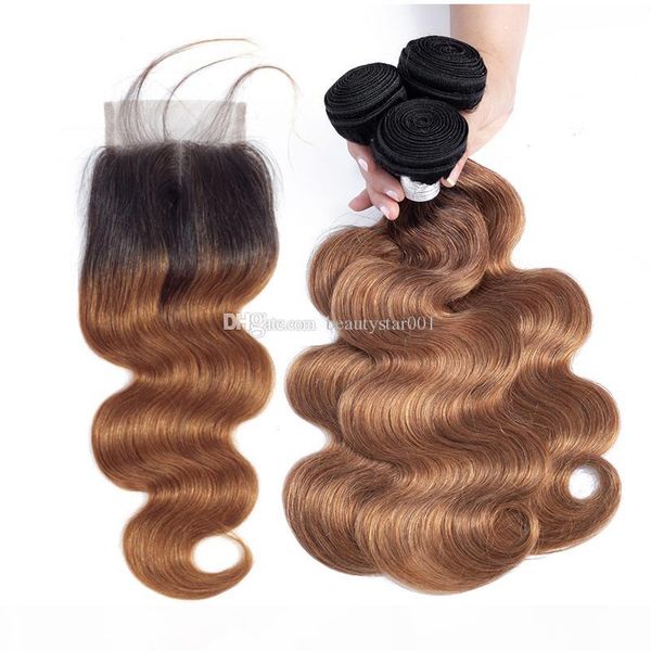 

brown ombre brazilian body wave human hair bundles with lace closure middle part remy hair weave 3 4 bundles with closure 1b 30, Black;brown