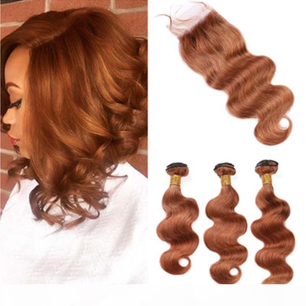 

#30 medium auburn human hair lace closure with 3 bundles light brown malaysian body wave weaves virgin hair extensions with lace closure, Black;brown