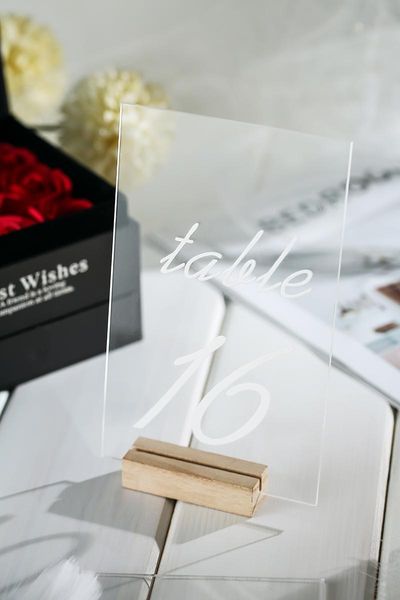 

party decoration personalized acrylic table numbers with holders,calligraphy number wedding signage,clear wood stand