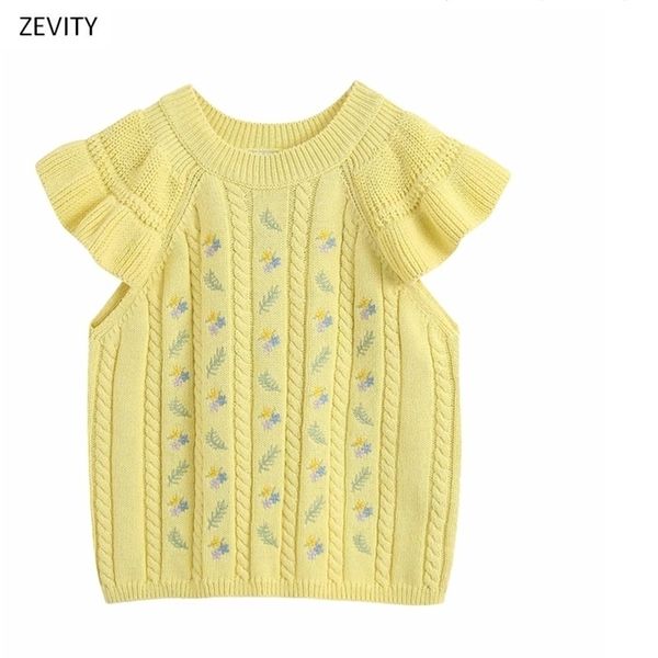 

new women round collar floral embroidery yellow knitted casual slim sweater female sweet short sleeve ruffles sweaters s259 y200910, White;black