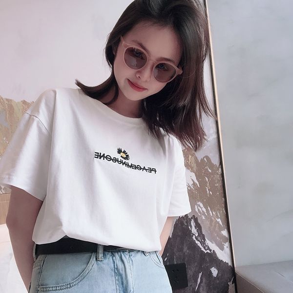 

2020 small daisy cotton women's t-shirt casual loose summer simple versatile round embroidery t-shirt embroidery neck solid color pvupg, White