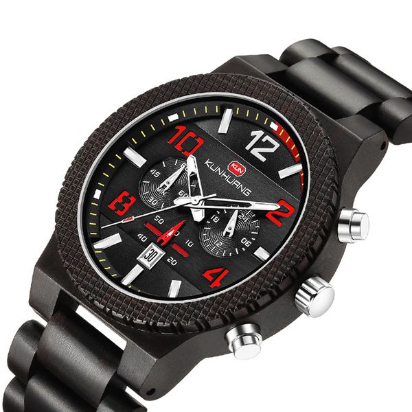 

luxury wood watch for men chronograph calendar date luminous hands mens wooden band wristwatch natural real sandalwood quartz man watches, Slivery;brown