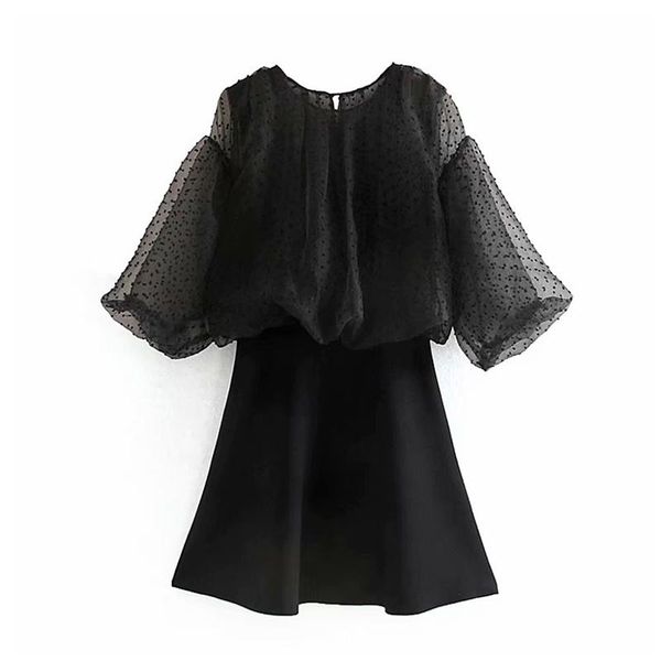 

stylish patchwork mini dress see through puff sleeve high street women a line o neck holiday black sundress kg-114, White;black