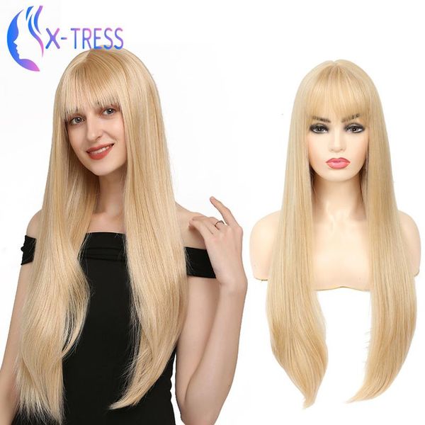 

long straight gold blonde synthetic wig with bangs middle part for women high temperature fiber party daily cosplay wig wmtdwg, Black