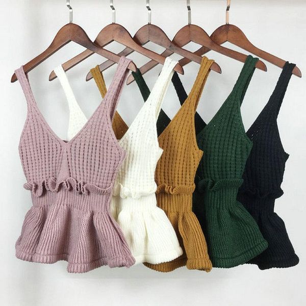 

new women's sweater 2018 korean version of the wild v-neck sling vest ruffled jacket tank s00281, White