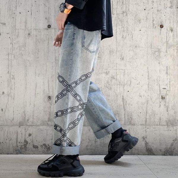 

new fashion chain print jeans pants korean harajuku streetwear mens denim clothes boyfriend blue jean trousers men clothing1