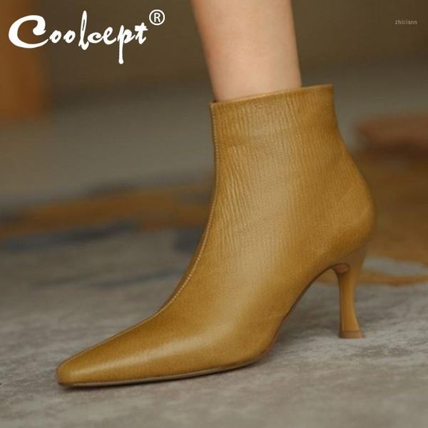 

coolcept genuine leather woman ankle boots thin high heel winter shoes women pointed toe short boot footwear size 34-391, Black