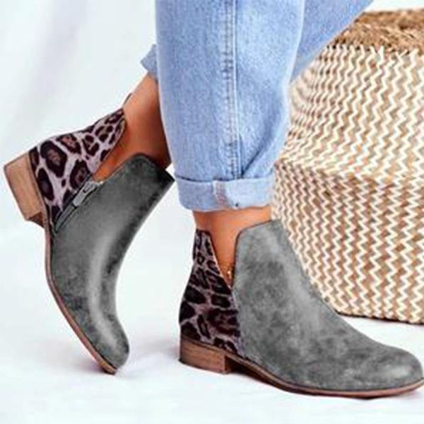 

shallow ankle boots zipper fashion leopard ladies square heels short boots autumn spring female footwear platform casual shoes, Black