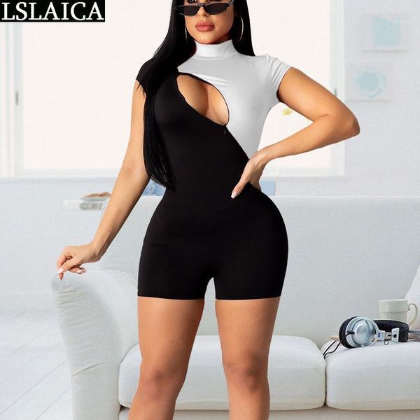

rompers womens jumpsuit short sleeve color matching zipper decorated jumpsuits for women slim elegant women bodysuit1, Black;white