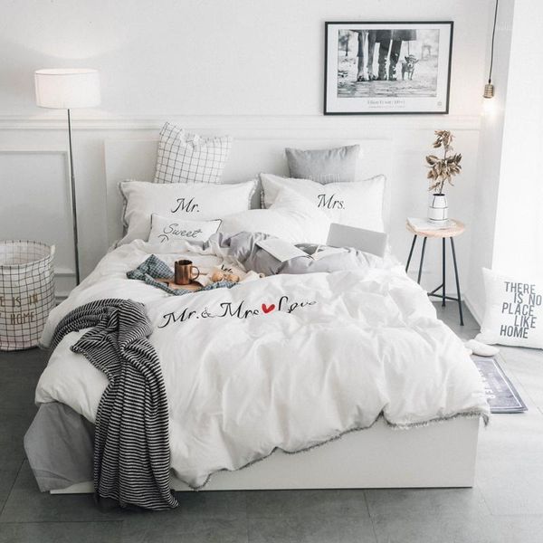 

white grey pink 100%cotton embroidery bedding set twin  king size duvet cover bed/fit sheet set pillowcase soft bedclothes1